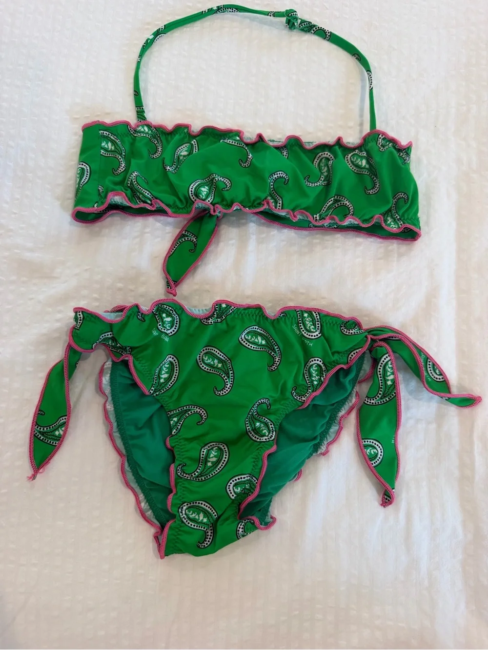 Green Paisley Kids Bikini Set with Pink Trim